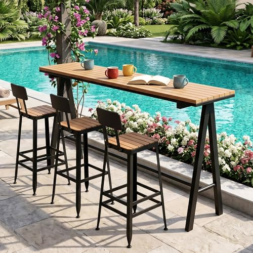MISXEOE Outdoor Bar Table 47"-79", Wood Patio Bar Height Table High Counter Tables Rain/Sun Protection for Poolside Garden Balcony Restaurant Cafe, Indoor or Outdoor Use(Black 1,70.8"x15.7"x41.3")