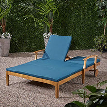 Christopher Knight Home Samantha Double Chaise Lounge for Yard and Patio, Acacia Wood Frame, Teak Finish with Blue Cushions