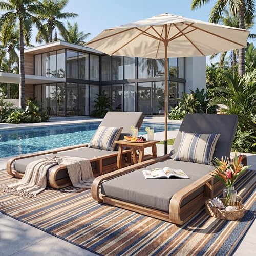 Merax 2 Piece White Finish Acacia Wood Chaise Lounge - 2 Pcs Frame + 2 Pcs 4" 3-Fold Dark Grey Water-Resistant Cushion, 400lbs Capacity, Adjustable Outdoor Recliner for Patio Poolside Backyard