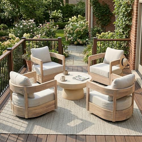 Christopher Knight Home Telluride Outdoor Swivel Club Chair Set with 27.5 Inch Round MGO Coffee Table, 4 Acacia Wood Patio Chairs with Beige Cushions and Black Base Outdoor Furniture Set, Light White