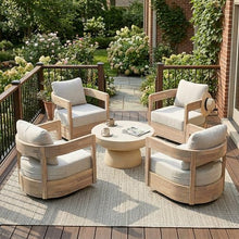 Christopher Knight Home Telluride Outdoor Swivel Club Chair Set with 27.5 Inch Round MGO Coffee Table, 4 Acacia Wood Patio Chairs with Beige Cushions and Black Base Outdoor Furniture Set, Light White