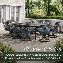 Hanover Montclair 11-Piece Patio Dining Set with 10 Swivel Rocker Chairs and Lumbar Pillows Navy Blue