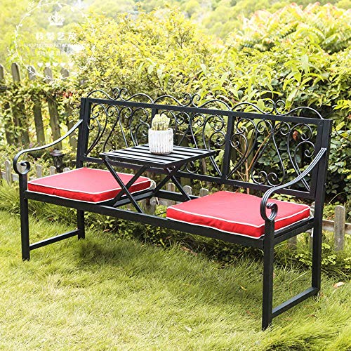 60in Park Terrace Bench Cast Iron Garden Benches Outdoor Leisure Bench with Middle Table Weatherproof Retro Decorative Metal Bench 2-Seater Bench for Courtyard Porch Lawn (Black B) (Black B)
