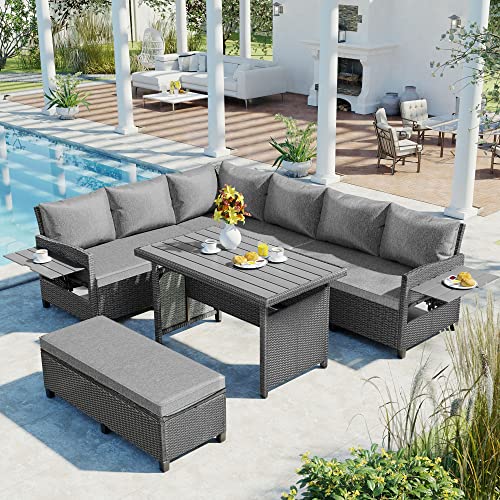 Merax 5-Piece Outdoor Patio Furniture Set, All Weather Sectional PE Rattan Sofa with Dining Table and Bench, Grey
