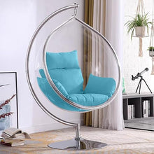 SK CHUMRA Hanging Chair - Transparent Acrylic Bubble, Waterdrop Shape, Indoor Swing Chair with Gold/Chrome Stand, Durable Fabric Cushion - Luxury Accent for Living Room, Bedroom (Chrome/Blue)