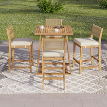 Christopher Knight Home Barron 5-Piece Acacia Wood Patio Bar Set, Patio Bar Table and Stools Set, Soft Seat Cushions, Rattan/Wicker Dining Set for Garden, Backyard, Poolside, Balcony, Teak + Beige