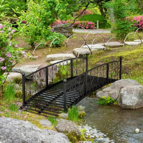 Hassyee Sturdy 7' Metal Arch Bridge with Ornate Scrollwork Rails & Steady Handrail Support for Creek Crossings, Decorative Footbridge with Weather-Shield Coating and Stable Tread for Garden Pathways