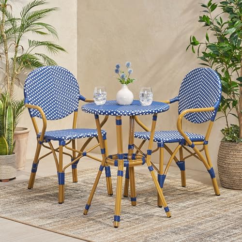XD Designs Modern Outdoor Aluminum French Bistro Set, Faux Rattan All-Weather Patio Conversation Set with Bar Table& 2 Chairs, Bamboo Finish, Teal