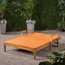 Great Deal Furniture GDFStudio Double Chaise Lounge Acacia Wood Teak Finish Orange Cushions