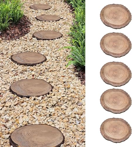 Wrobelax Wood Effect Decorative Stepping Stone for Garden Pathway, Rustic Log Texture Paving Stones - Outside Dimensional Foot Stone Kit for Flower Bed, Round Design(Color:5 Pack)