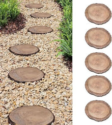 Wrobelax Wood Effect Decorative Stepping Stone for Garden Pathway, Rustic Log Texture Paving Stones - Outside Dimensional Foot Stone Kit for Flower Bed, Round Design(Color:5 Pack)