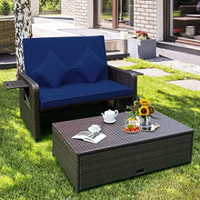 LDAILY Moccha Outdoor Daybed, Wicker Loveseat Sofa Set with 4-Postion Adjustable Backrest, Storage Ottoman, Cushions, Rattan Double Bed Lounger, Patio Furniture Set (Navy)