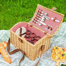 Storage Basket,Wicker Picnic for 4 Persons with Utensils Cutlery, Willow Hamper Service Gift Set, Outdoor Hand Woven for Valentine Day, Birthday