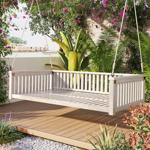 Whitewashed Wooden Porch Swing Bed with Rails, 3-Seater Hanging Daybed Swing with Ropes, Outdoor Patio Bench Swing for Backyard Garden Farmhouse Decor