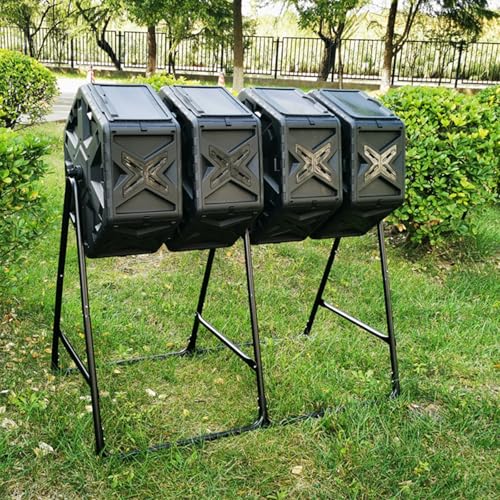 Garden Compost Bin, Four Chamber Tumbling Composter, Independent Drum Design, Metal Frame and PE Shell, Rotating Tumbler with Sliding Doors for Garden, Kitchen, Yard