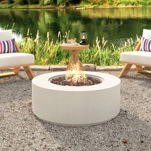 Merax 38.2" Round MGO Outdoor Propane Fire Pit, with Faux Stone Finish, Outside Fire Pit Table with 50000 BTU, Steel Burner, Lava Rocks, Waterproof Cover, Suitable for Patio, Backyard, Poolside