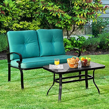 2PCS Patio Loveseat Bench Table Furniture Set Cushioned Chair Turquois Loveseat Coffee Table