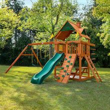Gorilla Playsets Chateau Swing Set with Wave Slide and Rock Wall Amber