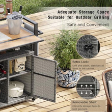 Doredo Wicker Outdoor Grill Cart with Extended Wood-Plastic Table Top, Outdoor Grill Table for Food Prep, Kitchen Island on Wheels with Storage Cabinet for Patio Backyard Garden Poolside, Gray