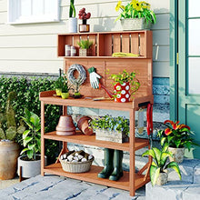 Roomfitters 65" Farmhouse Outdoor Potting Bench Table with 4 Storage Shelves and Side Hook, Natural