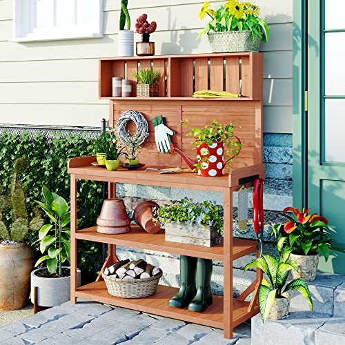Roomfitters 65" Farmhouse Outdoor Potting Bench Table with 4 Storage Shelves and Side Hook, Natural