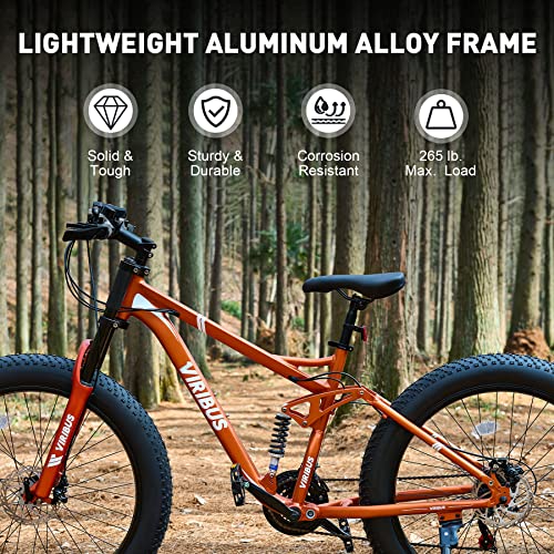 Viribus Fat Tire Bike Mens Mountain Bike Full Suspension Shimano 21 Speed Aluminium Alloy Frame 26" MTB Adult Bike Orange