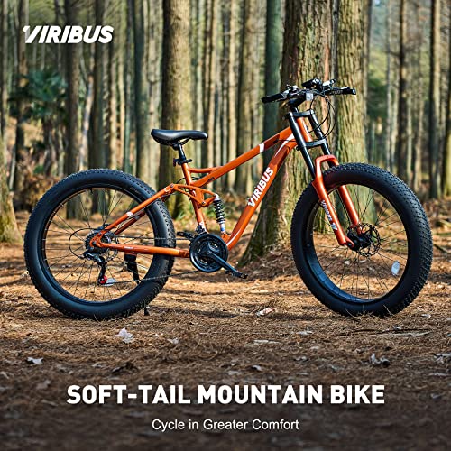 Viribus Fat Tire Bike Mens Mountain Bike Full Suspension Shimano 21 Speed Aluminium Alloy Frame 26" MTB Adult Bike Orange