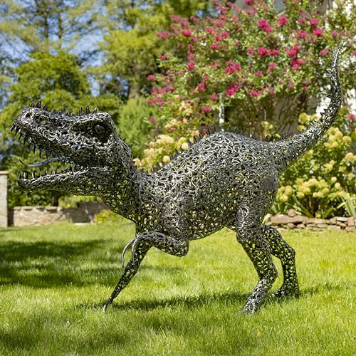 Zaer Ltd. 5.6 ft. Tall Crouching Tyrannosaurus Rex Outdoor Metal Statue "T-Bone" Metallic