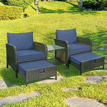 LEVELEVE Balcony Furniture 5 Piece Patio Conversation Set, PE Wicker Rattan Outdoor Lounge Chairs with Soft Cushions 2 Ottoman&Glass Table for Porch, Lawn-Brown Wicker