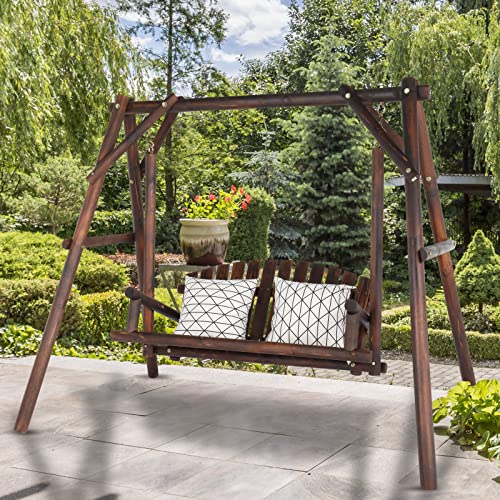 6.5ft Patio Swing Chair, 2-Seat Porch Swing with Stand, Wooden Patio Swing Chair Bench, for Garden, Poolside,Bench Swing Patio Seating Porch Swings,2 Seater with Stand for Front Deck (Carbonized)