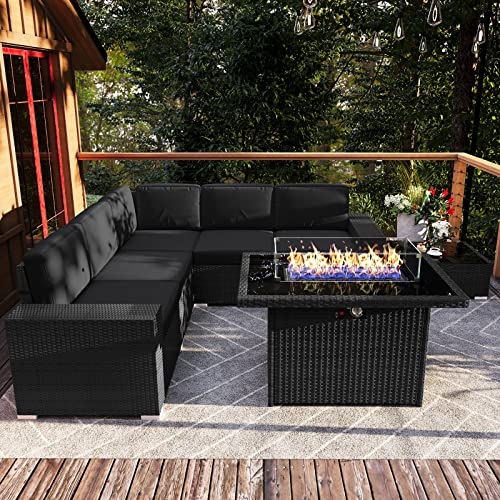 Vakollia 7-Piece Patio Furniture Set with 44" Propane Fire Pit Table, Outdoor Wicker Sofa Sets A2/Black-Black