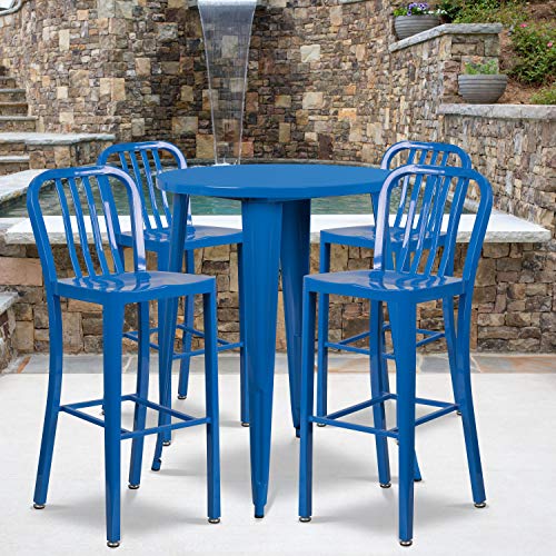 EMMA + OLIVER Commercial Grade 30" Round Blue Metal Bar Table Set-4 Vertical Slat Back Stools