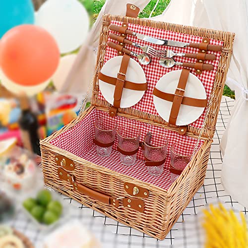 Storage Basket,Picnic Set Handmade Wicker for 4 Person with 23 Piece Service Gift Willow Hamper Cutlery for Camping,Outdoor,Valentine Day,Chirtmas,Thanks Giving,Birthday