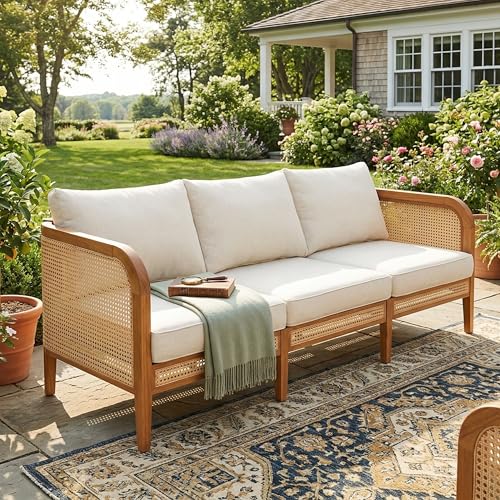 Christopher Knight Home Alala Acacia Wood Outdoor 3 Seater Sofa with Cushions, Solid Wood Patio Sofa with Wicker Accent, Comfy Lounge Sofa for Outdoor Patio Furniture Set, Beige + Teak + Yellow