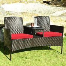 DUYHBAWRS Rattan Conversation Set Loveseat Sofa Cushioned Coffee Table Red