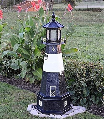 Backyard Crafts Amish-Made Tybee Island, GA Replica Lighthouse with Base and Solar-Powered LED Lighting, 44" Tall