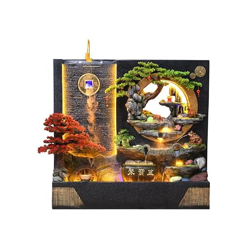 Modern Zen-Inspired Water Fountain with Multi-Level Waterfalls and LED Lighting – Standing Feature for Indoor/Outdoor Use, Includes Bonsai and Artistic Details(1899 Rockery)