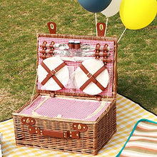Wicker Picnic Basket Set for 4 Persons with Large Insulated Cooler Compartment, Willow Picnic Hamper Basket with Cutlery Service Kits for Camping, Wedding, Anniversary,Red