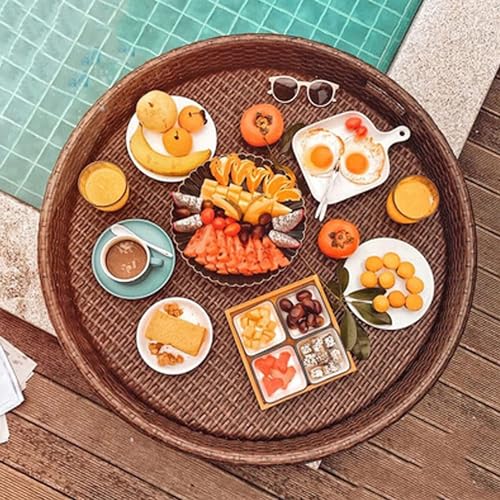 60cm/80cm Swimming Pool Floating Tray Table | Rattan Woven Serving Tray | Perfect For Sandbars, Spas, Bath, And Parties | Floating Tray For Adults,Brown-80CM