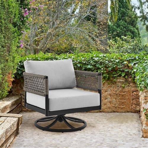 Afuera Living Modern Aluminum Outdoor Swivel Rocking Chair, Black Finish with Gray Rope Arms and Cushions, Weather Resistant, 25" H x 30" W x 31" D, Patio or Porch Lounge Chair with 360-Degree Swivel