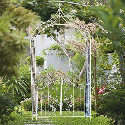 Metal Garden Arbors Wedding Arch with Door,Garden Arch/Rose Arch,for Roses, Climbers, Fruit, Archway or Peas,White