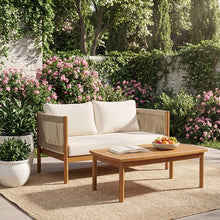 Christopher Knight Home SIDA Acacia Wood Outdoor Loveseat and Coffee Table Set, 2 Piece Patio Furniture Set with Removable Cushion, Wooden Outdoor Conversation Set, Beige+Cream+Teak