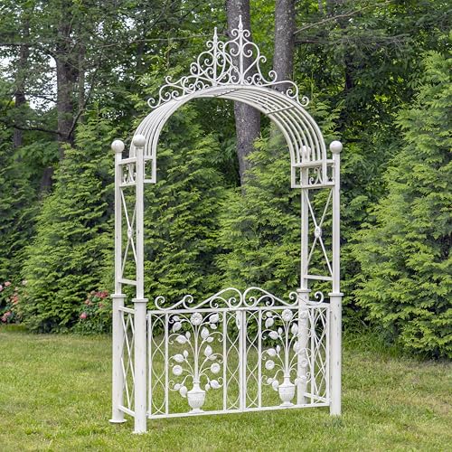 Zaer Ltd. Garden Gate, 10.5 Ft Tall, Floral Design, Copenhagen 1843, Powder Coated Metal, Antique Finish (Antique White)