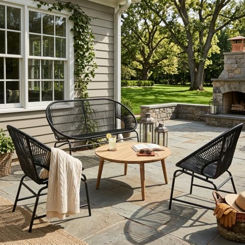 callmego Outdoor Patio Chat Set with Woven PE Rattan and Iron Frame, Acacia Wood Table for Backyard or Deck