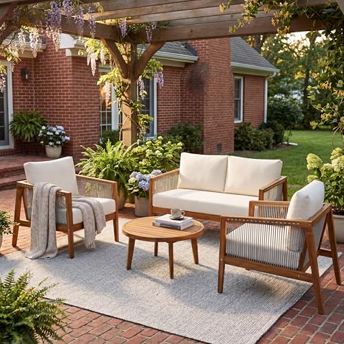 JIVOIT 4-Piece Outdoor Chat Set with Two Club Chairs, Loveseat and Coffee Table, Acacia Wood Frame Outdoor Sofa Set with Rope Detail, Water-Repellent Cushions for Patio/Backyard/Deck (Beige,Teak,6)