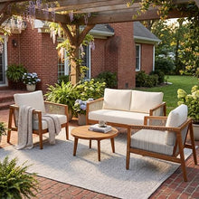 JIVOIT 4-Piece Outdoor Chat Set with Two Club Chairs, Loveseat and Coffee Table, Acacia Wood Frame Outdoor Sofa Set with Rope Detail, Water-Repellent Cushions for Patio/Backyard/Deck (Beige,Teak,6)
