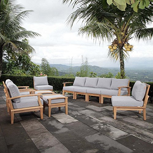 Modway EEI-1489-NAT-GRY-SET Marina Premium Grade A Teak Wood Outdoor Patio Furniture Set, 10 Piece, Natural Gray