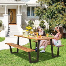 LDAILY Acacia Wood Picnic Table with Umbrella Hole, 70’’ x 30’’ Outdoor Picnic Tables with Benches for 6-8 Persons, 1600 LBS Max Load, Metal Frame & 2" Umbrella Hole, Party, Garden, Yard, Patio, Lawn