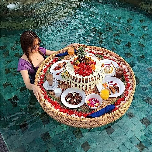 Southeast Asian Style Swimming Pool Tray, Handmade Rattan Dinner Plate, Aluminum Alloy Frame Wine Tray, Suitable for Pool Parties, Weddings,Yellow,100CM
