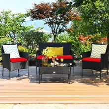 DUYHBAWRS 4PCS Patio Rattan Furniture Set Cushioned Sofa Coffee Table Backyard Porch Red